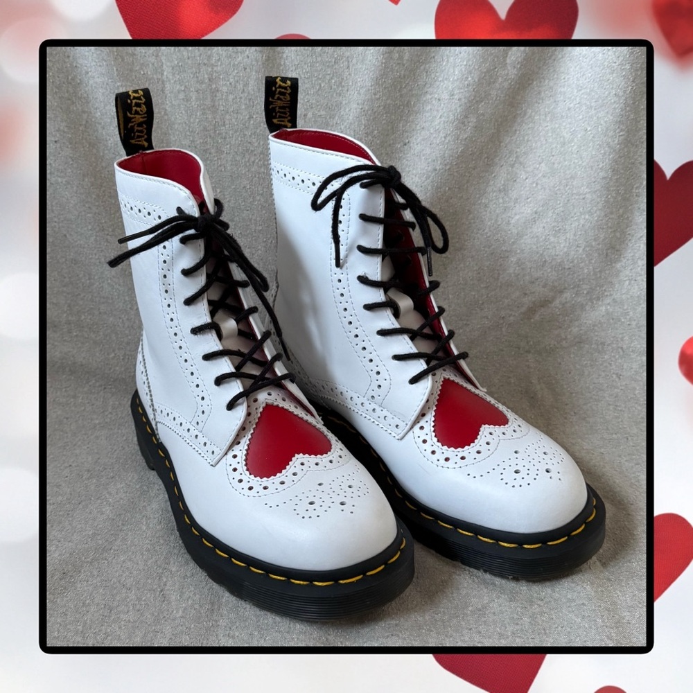 Dr. Martens White Leather Wingtip Boots with Red Heart Inset